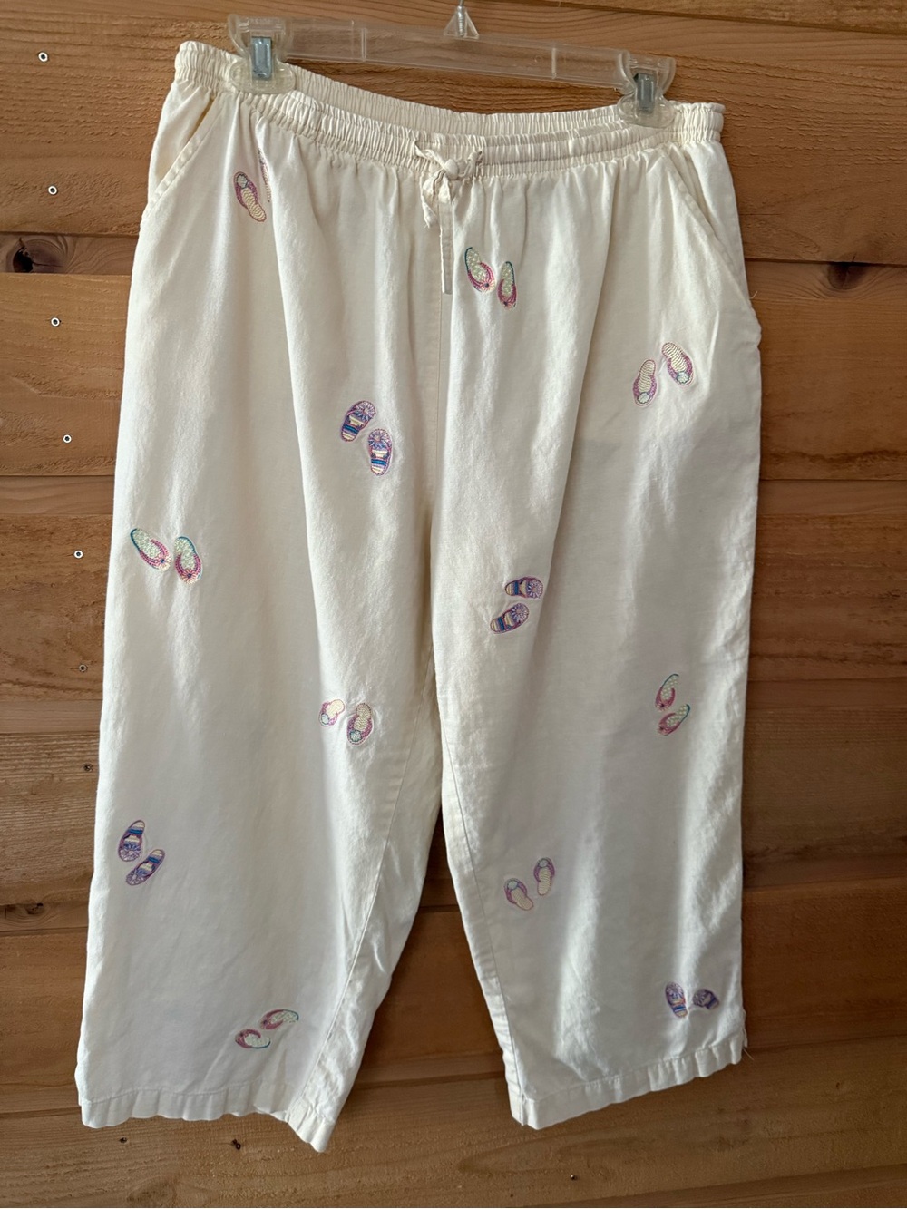 Women’s light peach Embroidered flip flops Capri Pants with Elastic Waist linen